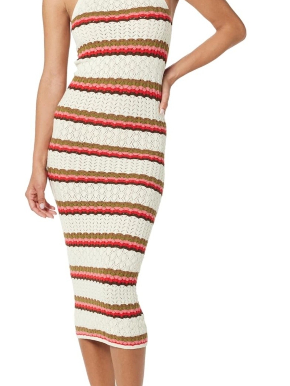 Striped Knit Midi Dress in White and Coral